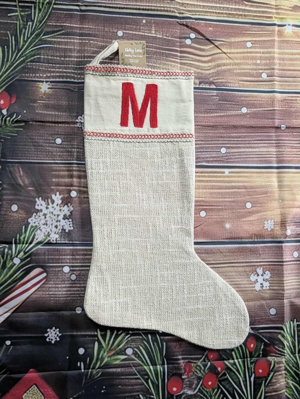 NEW Letter "M" Embroidered Beige Burlap Shimmer Christmas Stocking 20" Holiday